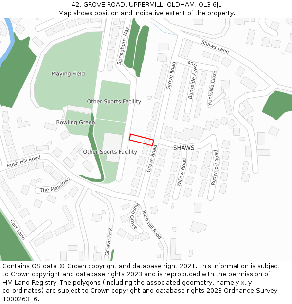 42, GROVE ROAD, UPPERMILL, OLDHAM, OL3 6JL: Location map and indicative extent of plot
