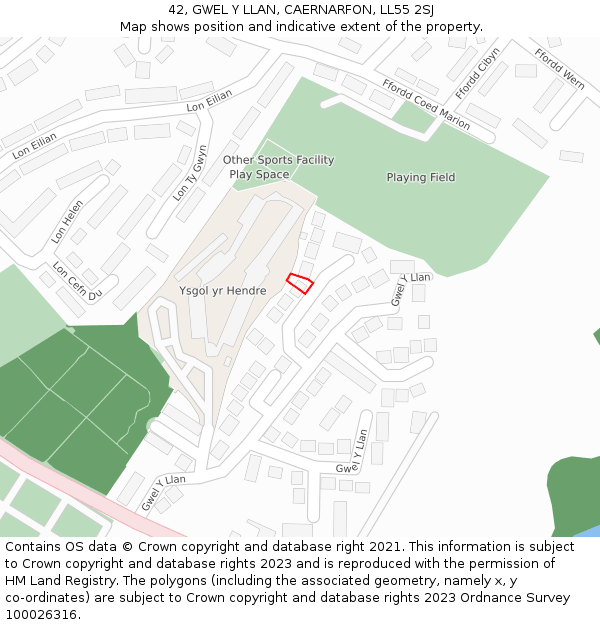 42, GWEL Y LLAN, CAERNARFON, LL55 2SJ: Location map and indicative extent of plot