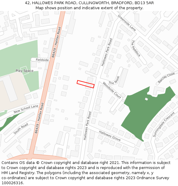 42, HALLOWES PARK ROAD, CULLINGWORTH, BRADFORD, BD13 5AR: Location map and indicative extent of plot