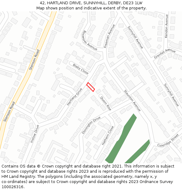 42, HARTLAND DRIVE, SUNNYHILL, DERBY, DE23 1LW: Location map and indicative extent of plot