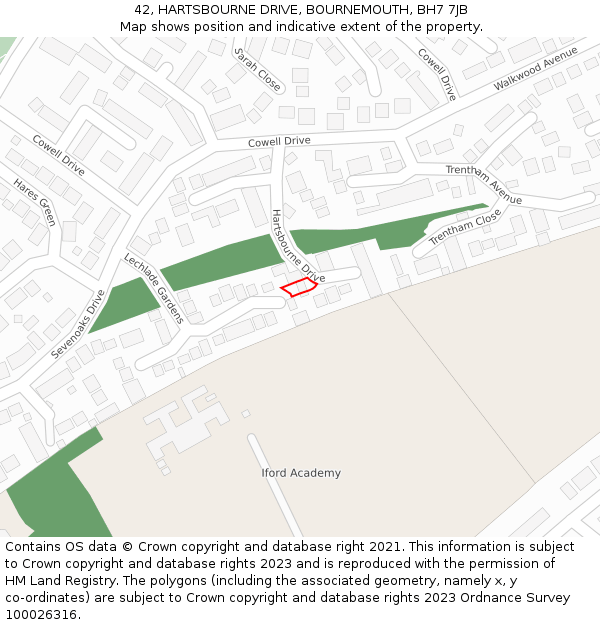 42, HARTSBOURNE DRIVE, BOURNEMOUTH, BH7 7JB: Location map and indicative extent of plot