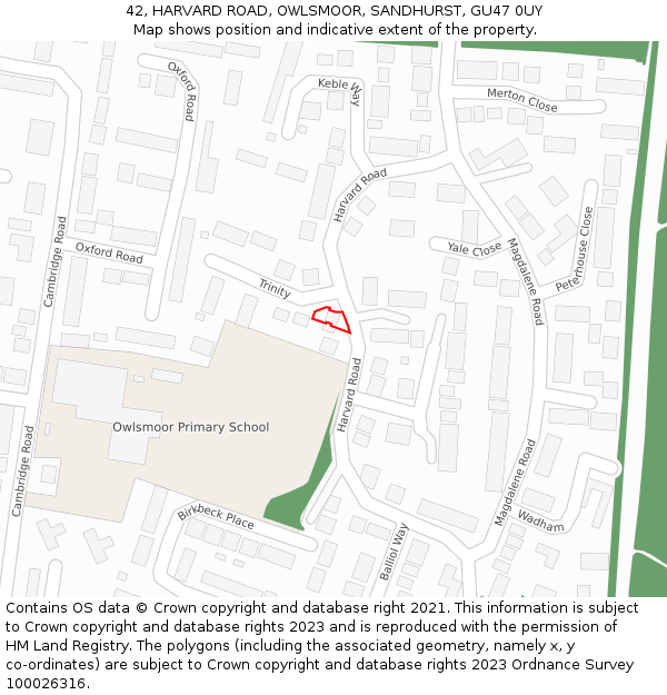 42, HARVARD ROAD, OWLSMOOR, SANDHURST, GU47 0UY: Location map and indicative extent of plot
