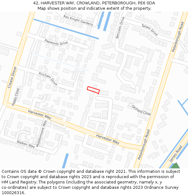 42, HARVESTER WAY, CROWLAND, PETERBOROUGH, PE6 0DA: Location map and indicative extent of plot