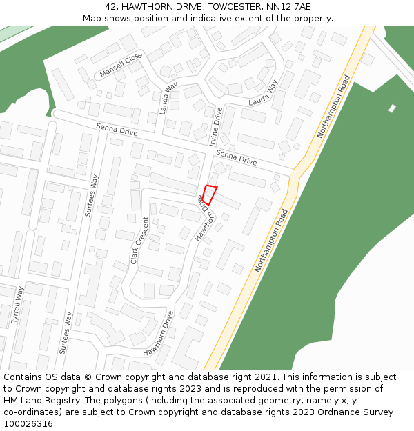 42, HAWTHORN DRIVE, TOWCESTER, NN12 7AE: Location map and indicative extent of plot