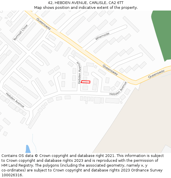42, HEBDEN AVENUE, CARLISLE, CA2 6TT: Location map and indicative extent of plot