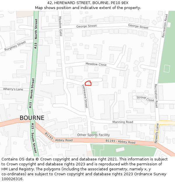 42, HEREWARD STREET, BOURNE, PE10 9EX: Location map and indicative extent of plot