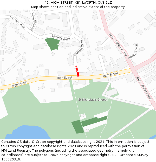 42, HIGH STREET, KENILWORTH, CV8 1LZ: Location map and indicative extent of plot