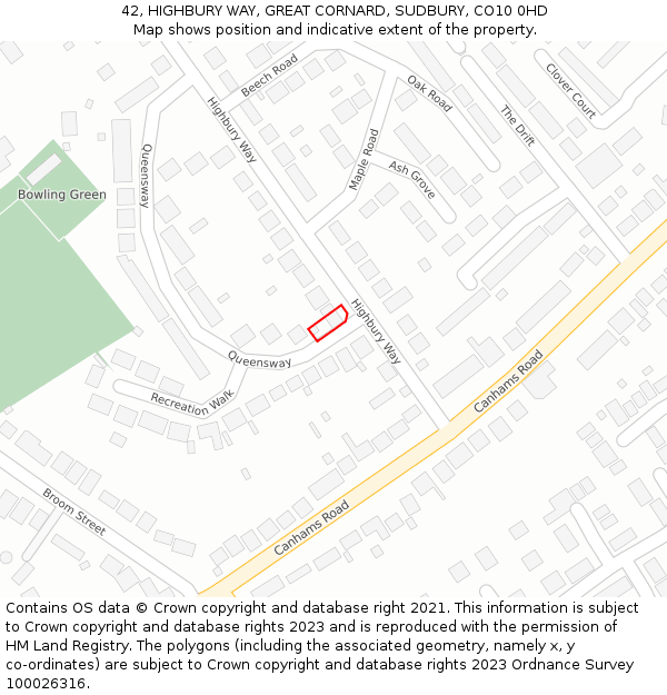 42, HIGHBURY WAY, GREAT CORNARD, SUDBURY, CO10 0HD: Location map and indicative extent of plot