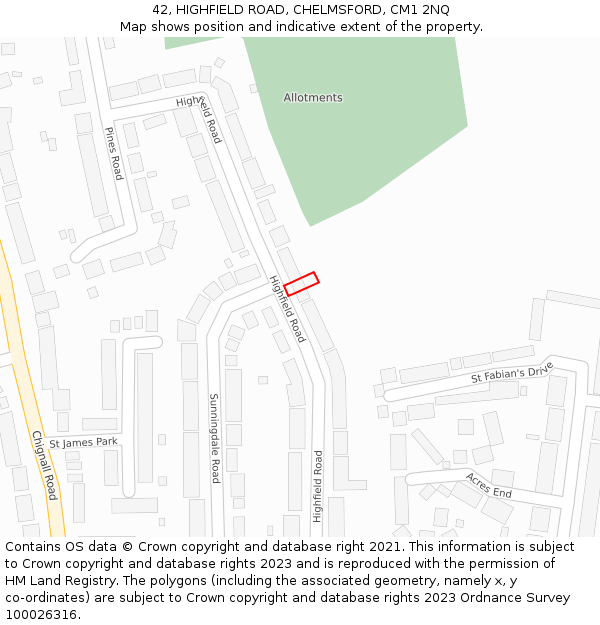 42, HIGHFIELD ROAD, CHELMSFORD, CM1 2NQ: Location map and indicative extent of plot