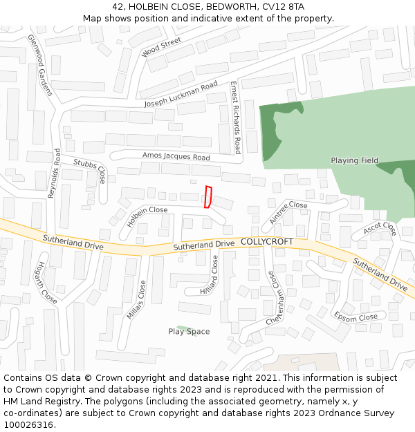 42, HOLBEIN CLOSE, BEDWORTH, CV12 8TA: Location map and indicative extent of plot