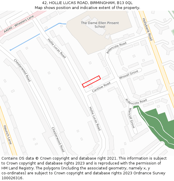 42, HOLLIE LUCAS ROAD, BIRMINGHAM, B13 0QL: Location map and indicative extent of plot
