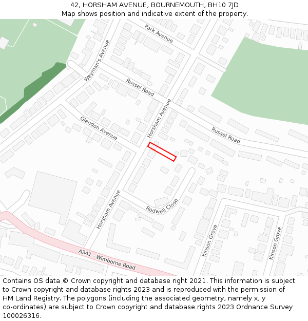 42, HORSHAM AVENUE, BOURNEMOUTH, BH10 7JD: Location map and indicative extent of plot