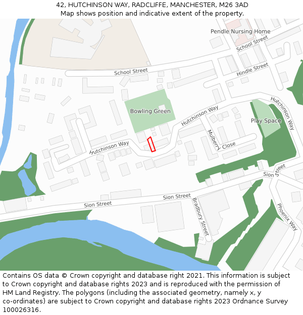 42, HUTCHINSON WAY, RADCLIFFE, MANCHESTER, M26 3AD: Location map and indicative extent of plot
