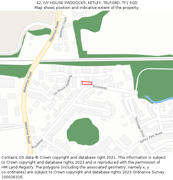 42, IVY HOUSE PADDOCKS, KETLEY, TELFORD, TF1 5GD: Location map and indicative extent of plot