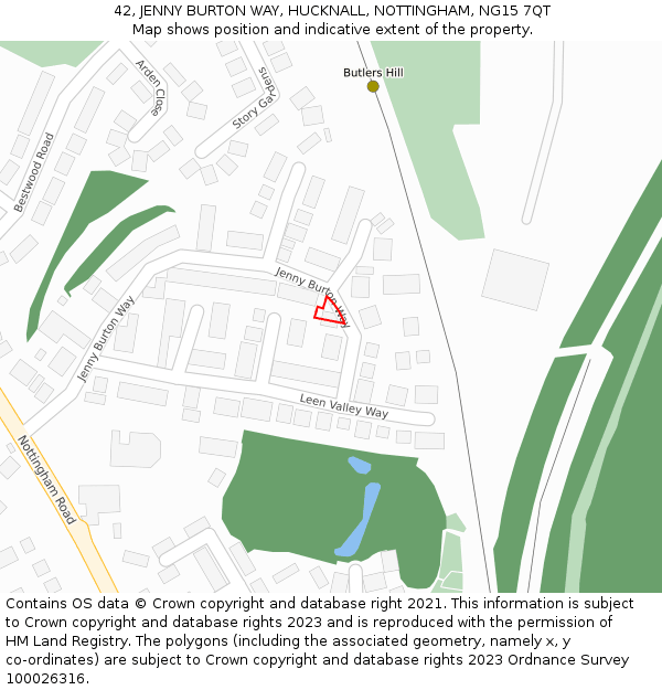 42, JENNY BURTON WAY, HUCKNALL, NOTTINGHAM, NG15 7QT: Location map and indicative extent of plot