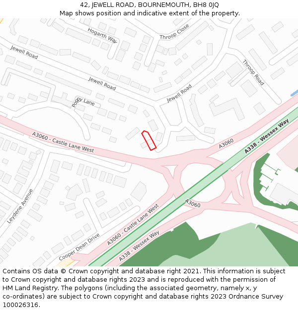 42, JEWELL ROAD, BOURNEMOUTH, BH8 0JQ: Location map and indicative extent of plot