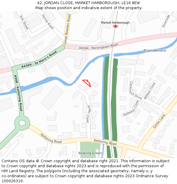 42, JORDAN CLOSE, MARKET HARBOROUGH, LE16 8EW: Location map and indicative extent of plot
