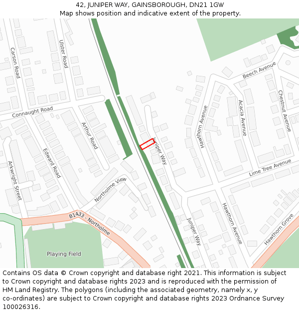 42, JUNIPER WAY, GAINSBOROUGH, DN21 1GW: Location map and indicative extent of plot