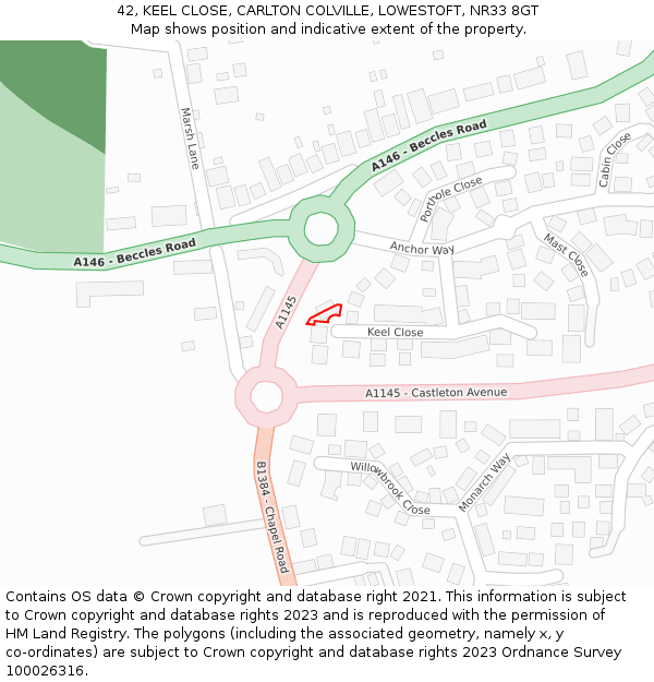 42, KEEL CLOSE, CARLTON COLVILLE, LOWESTOFT, NR33 8GT: Location map and indicative extent of plot