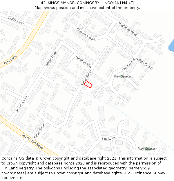42, KINGS MANOR, CONINGSBY, LINCOLN, LN4 4TJ: Location map and indicative extent of plot