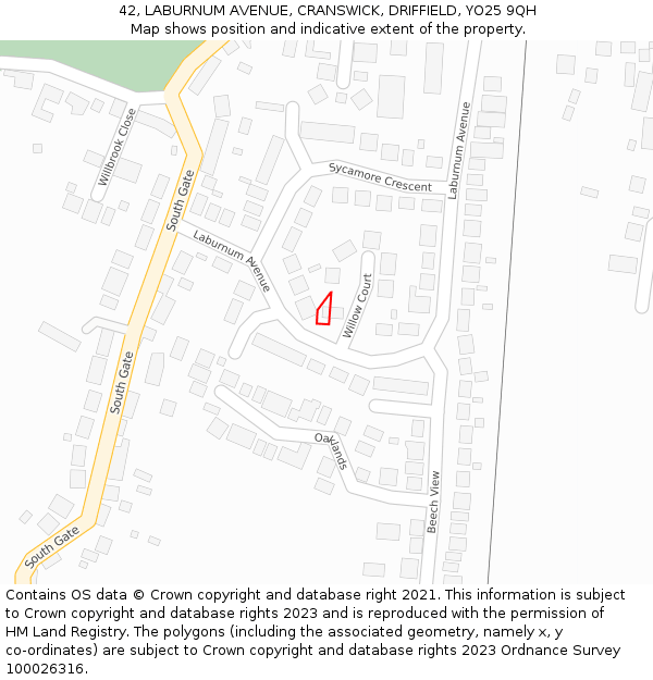42, LABURNUM AVENUE, CRANSWICK, DRIFFIELD, YO25 9QH: Location map and indicative extent of plot