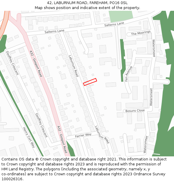 42, LABURNUM ROAD, FAREHAM, PO16 0SL: Location map and indicative extent of plot