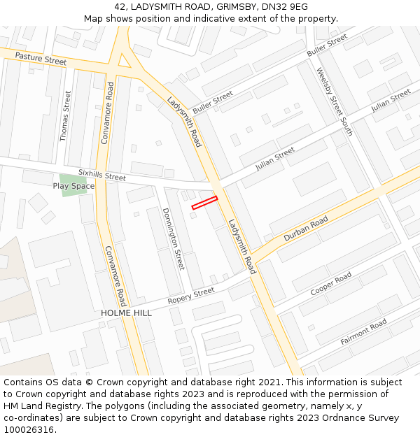 42, LADYSMITH ROAD, GRIMSBY, DN32 9EG: Location map and indicative extent of plot