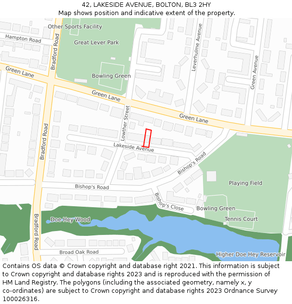 42, LAKESIDE AVENUE, BOLTON, BL3 2HY: Location map and indicative extent of plot
