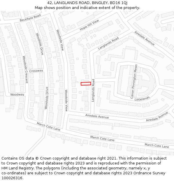 42, LANGLANDS ROAD, BINGLEY, BD16 1QJ: Location map and indicative extent of plot