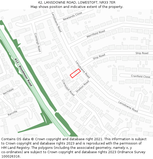 42, LANSDOWNE ROAD, LOWESTOFT, NR33 7ER: Location map and indicative extent of plot