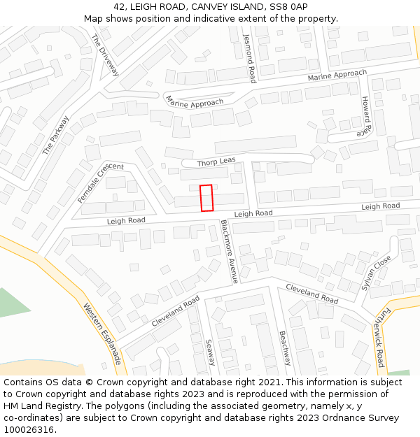 42, LEIGH ROAD, CANVEY ISLAND, SS8 0AP: Location map and indicative extent of plot