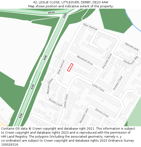 42, LESLIE CLOSE, LITTLEOVER, DERBY, DE23 4AW: Location map and indicative extent of plot