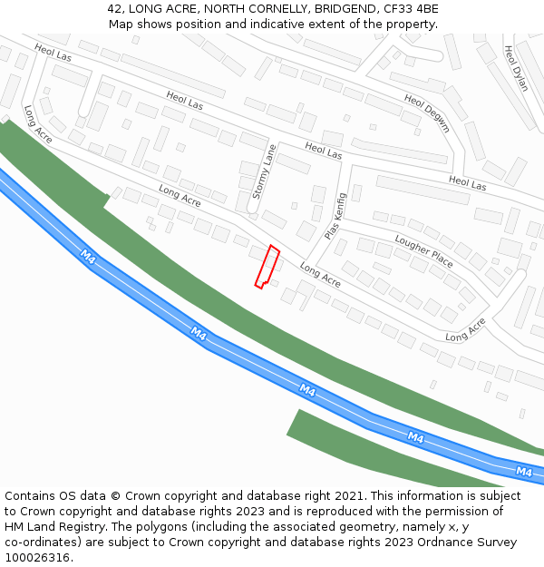 42, LONG ACRE, NORTH CORNELLY, BRIDGEND, CF33 4BE: Location map and indicative extent of plot