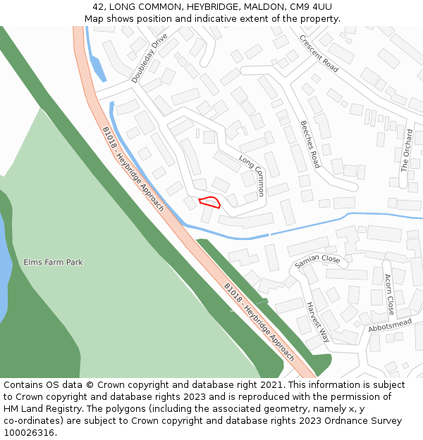 42, LONG COMMON, HEYBRIDGE, MALDON, CM9 4UU: Location map and indicative extent of plot