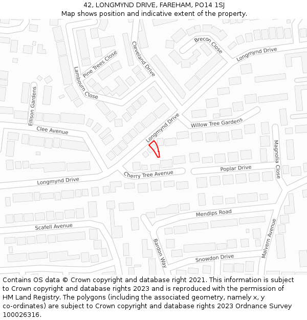 42, LONGMYND DRIVE, FAREHAM, PO14 1SJ: Location map and indicative extent of plot