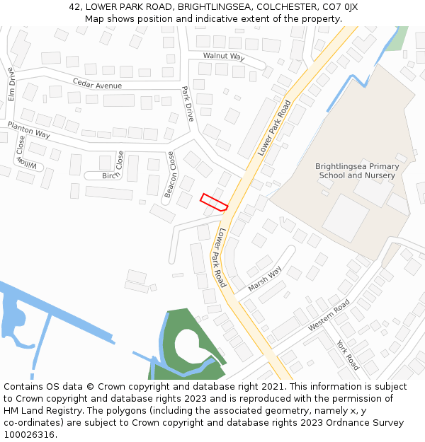 42, LOWER PARK ROAD, BRIGHTLINGSEA, COLCHESTER, CO7 0JX: Location map and indicative extent of plot
