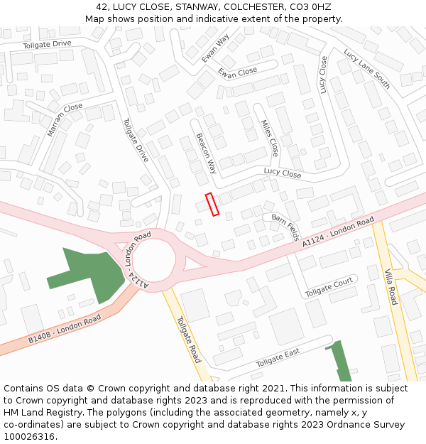 42, LUCY CLOSE, STANWAY, COLCHESTER, CO3 0HZ: Location map and indicative extent of plot