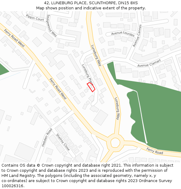 42, LUNEBURG PLACE, SCUNTHORPE, DN15 8XS: Location map and indicative extent of plot