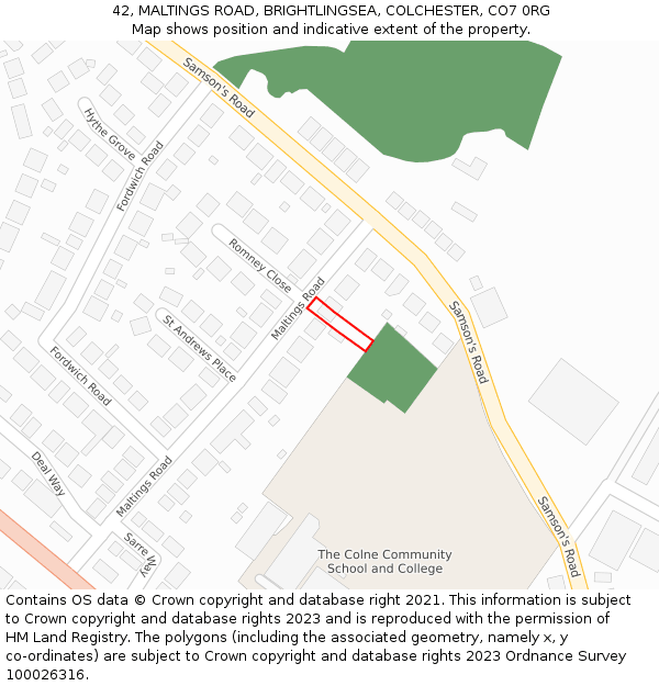 42, MALTINGS ROAD, BRIGHTLINGSEA, COLCHESTER, CO7 0RG: Location map and indicative extent of plot