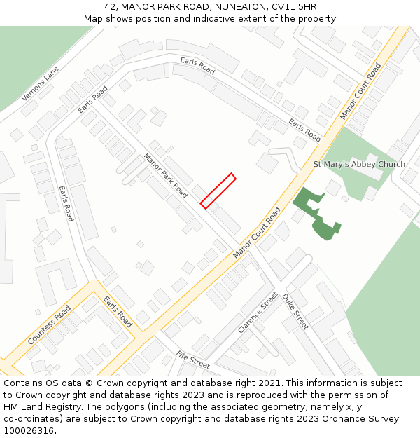 42, MANOR PARK ROAD, NUNEATON, CV11 5HR: Location map and indicative extent of plot