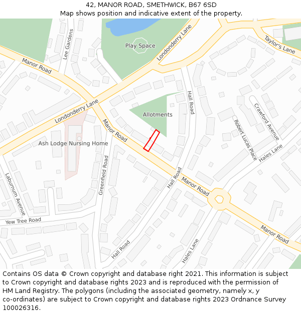 42, MANOR ROAD, SMETHWICK, B67 6SD: Location map and indicative extent of plot