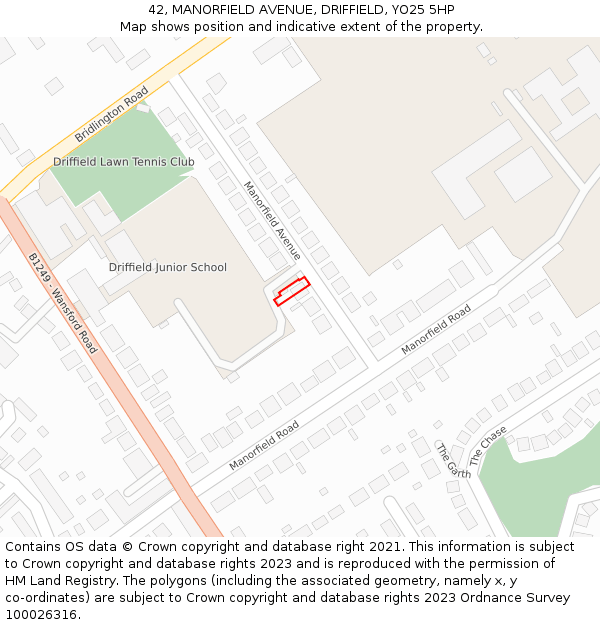 42, MANORFIELD AVENUE, DRIFFIELD, YO25 5HP: Location map and indicative extent of plot