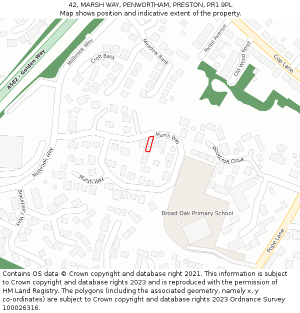 42, MARSH WAY, PENWORTHAM, PRESTON, PR1 9PL: Location map and indicative extent of plot