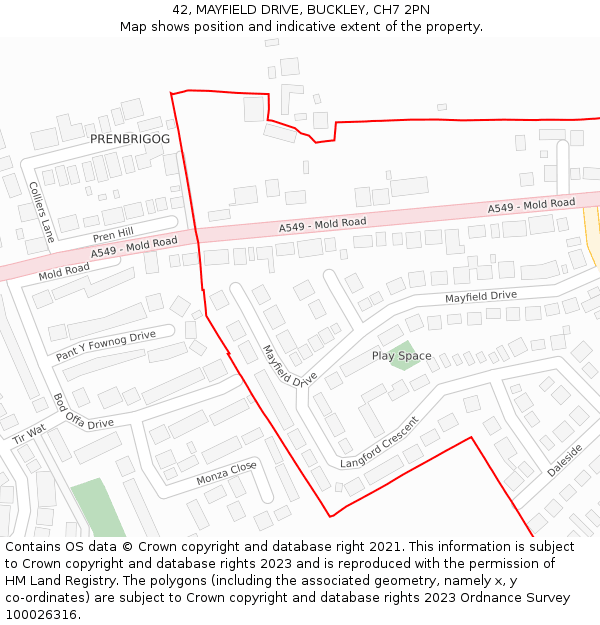 42, MAYFIELD DRIVE, BUCKLEY, CH7 2PN: Location map and indicative extent of plot