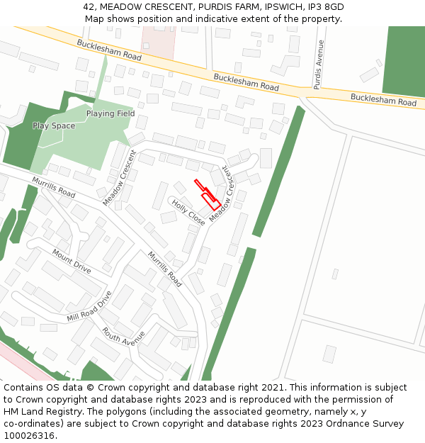 42, MEADOW CRESCENT, PURDIS FARM, IPSWICH, IP3 8GD: Location map and indicative extent of plot