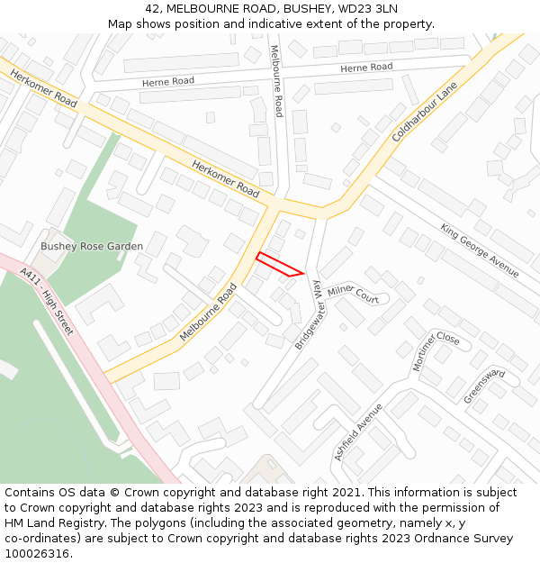 42, MELBOURNE ROAD, BUSHEY, WD23 3LN: Location map and indicative extent of plot