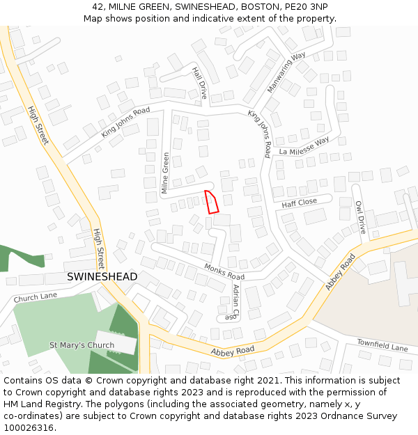 42, MILNE GREEN, SWINESHEAD, BOSTON, PE20 3NP: Location map and indicative extent of plot