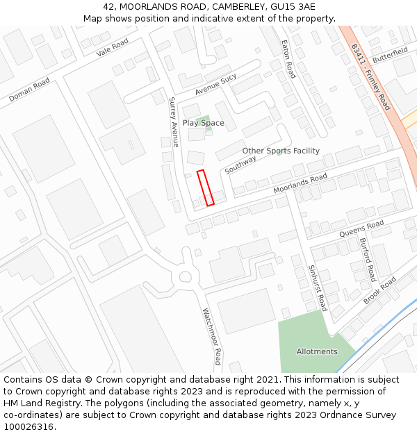 42, MOORLANDS ROAD, CAMBERLEY, GU15 3AE: Location map and indicative extent of plot