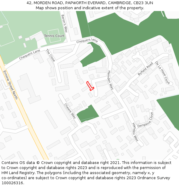 42, MORDEN ROAD, PAPWORTH EVERARD, CAMBRIDGE, CB23 3UN: Location map and indicative extent of plot