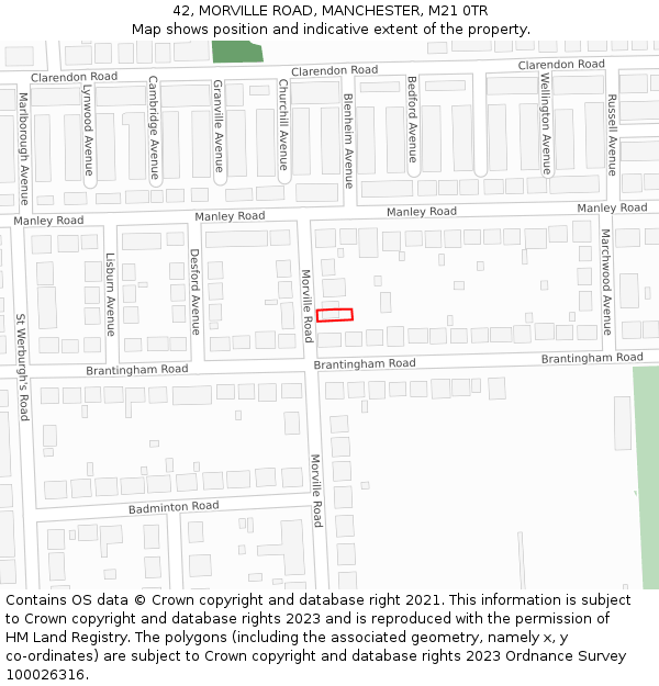 42, MORVILLE ROAD, MANCHESTER, M21 0TR: Location map and indicative extent of plot